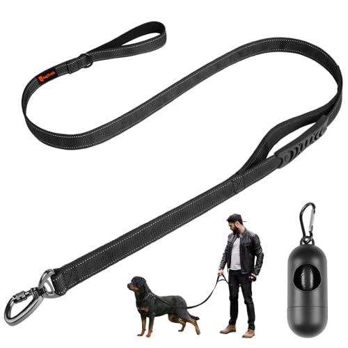 Heavy Duty Dog Leash, Laqibak Double-Sided Reflective Double Handle Dog Leash - Double-Layer Thickening, Lockable Safety Carabiner Design, 6 FT Perfect for Medium & Large Dogs Joyful Strolls, Black